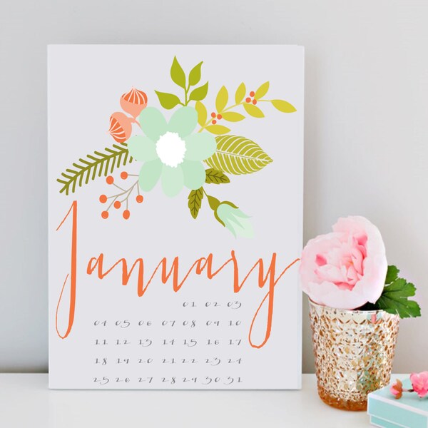 2015 Floral Calendar, Botanical, Wall Calendar, Monthly Calendar with flowers