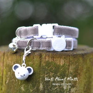 Plush grey velvet cat collar with mouse bell 3 sizes