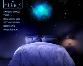 XXL NEBULA Glow in the Dark Star Ceiling Package | Shooting Stars, 1000 Stars, Misty Stars, + Large Bonus Decals | CLEAR