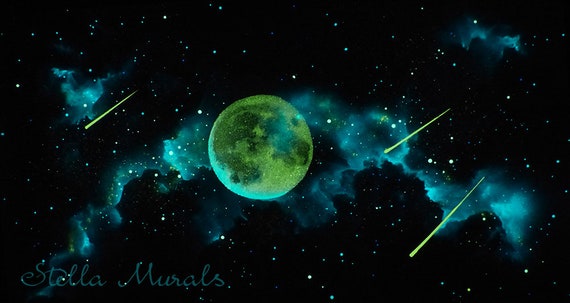 Glow In The Dark Moving Moon Mural With Shooting Stars 200 1000 Glow In The Dark Star Stickers