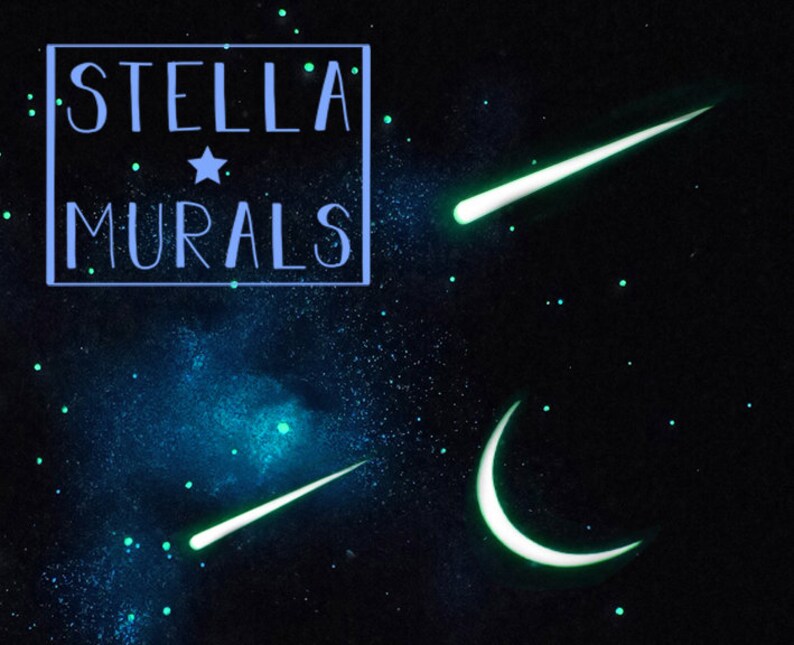 May include: A dark blue background with a galaxy of white and green stars. The text "STELLA MURALS" is in a white box with a white star in the upper right corner. There are two green shooting stars and a crescent moon.