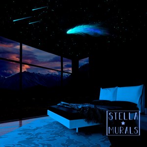 Glow in the Dark Ceiling | Comet, Shoot Stars, Realistic Star Stickers, Misty Stars, Star Cluster, Bonus Decals - Galaxy or Pleiades | CLEAR