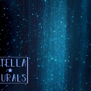 May include: A dark blue background with a light blue glitter effect, creating a starry night sky look. The text "STELLA MURALS" is in a white box in the lower left corner.