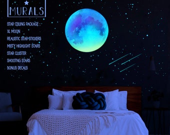 Premium Glow in the Dark Star Ceiling Package | XL Moon, Nebula, Shooting Stars, 1000 Stars, Misty Stars, Bonus Decals | CLEAR