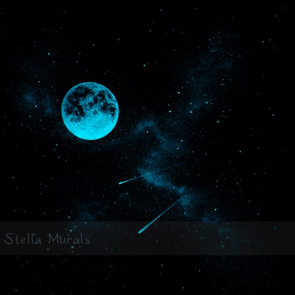 Glow in the Dark Self-Adhesive Star Mural - Moon and Stars  - Removable Decal