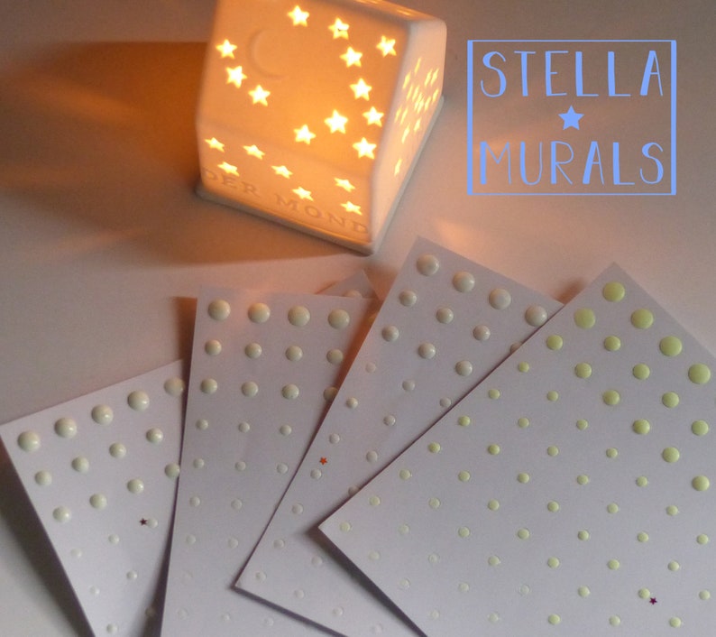 Realistic glow in the dark star stickers for an all night glowing star ceiling. Colours are green, aqua and blue. Removable stickers for ceilings or walls.