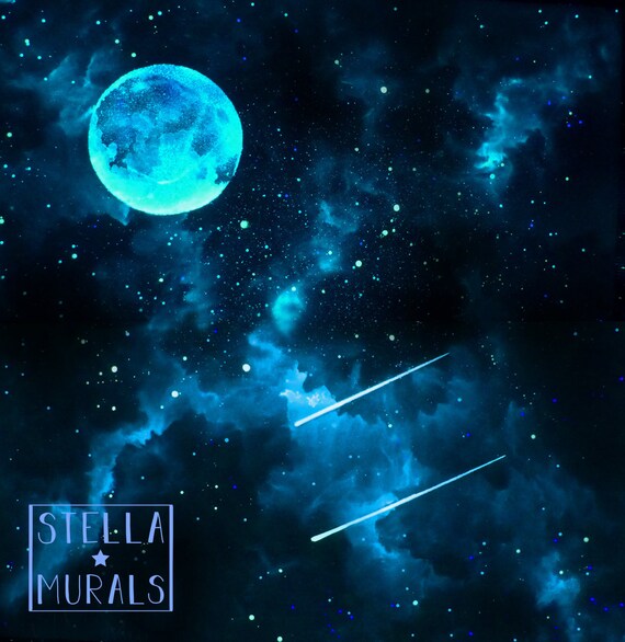 Star Mural With Glow In The Dark Moon Self Adhesive Wall Or Ceiling Mural White