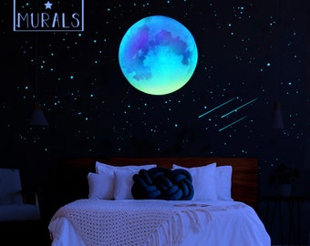 Moon (Extra Large), Shooting Stars and 1000 Realistic Star Stickers | Glow in the Dark Star Ceiling | WHITE | HIGH TACK