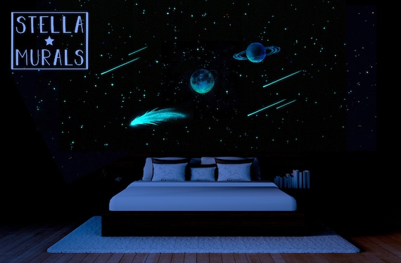 Glow In The Dark Galaxy Ceiling Space Themed Bedroom Decor Moon Planet Comet Shooting Stars White Version