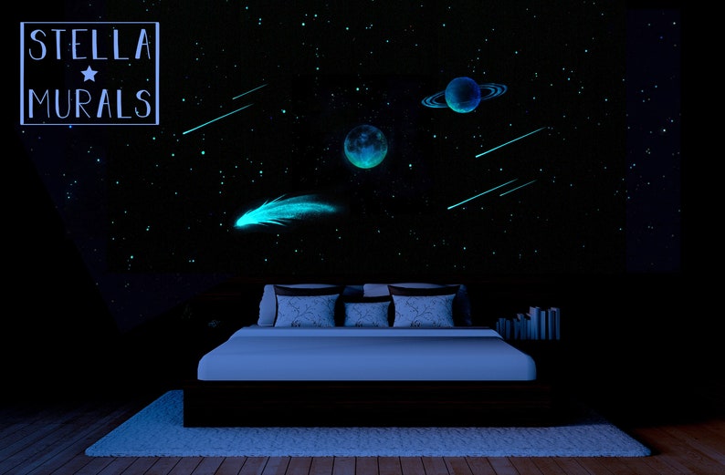 Glow In The Dark Galaxy Ceiling Space Themed Bedroom Decor Moon Planet Comet Shooting Stars White Version