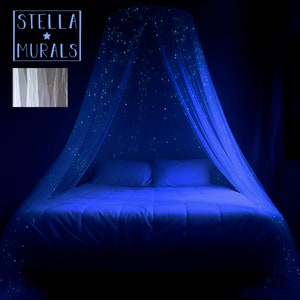 Puede incluir: Un dosel blanco transparente con estrellas que brillan en la oscuridad colgando sobre una cama azul con almohadas blancas. El dosel está hecho por Stella Murals.