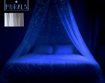 Im Dunkeln leuchtender Betthimmel | Sternenhimmel mit Lichtern | Romantische und einzigartige weiße Schlafzimmer Dekor | Luxe feinmaschige lange Baldachin
