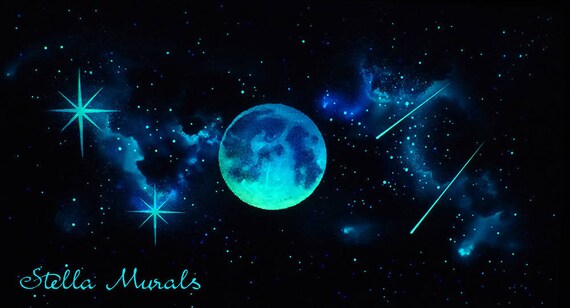 Glow In The Dark Moon Mural With Sparkle Stars 200 1000 Star Ceiling Stickers