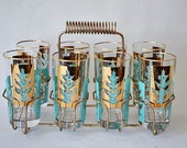 Vintage Set of 8 Mid Century Atomic Gold Turquoise Leaf Glasses in Brass Carrying Caddy