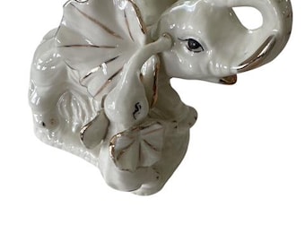 Vintage Ceramic Elephant Figurine | White with Gold Accents | Lucky Elephant Home Décor
