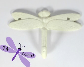 Dragonfly Hook Wall Hanger Shabby Chic Cast Iron in Creamy Off-White