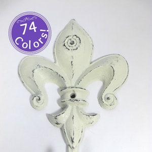 Fleur de Lis Wall Hook Cast Iron in Creamy Off-White Distressed Shabby Chic