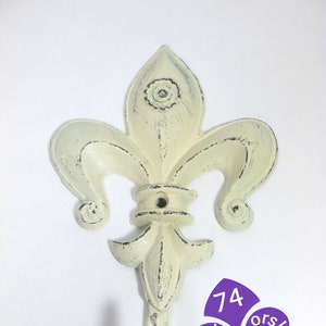 Fleur de Lis Wall Hook Cast Iron in Ivory Silk Distressed Shabby Chic
