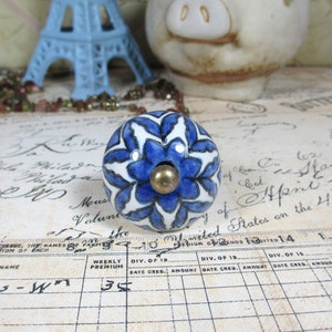 May include: A round, ceramic cabinet knob with a blue floral design on a white background. The knob has a brass-colored center and is likely used for furniture or decorative purposes.