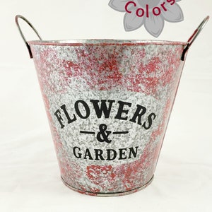 May include: A galvanized metal bucket with a distressed red and silver finish. The bucket has two metal handles and the words "FLOWERS & GARDEN" in black lettering. A flower graphic with the text "74 Colors!" is in the background.