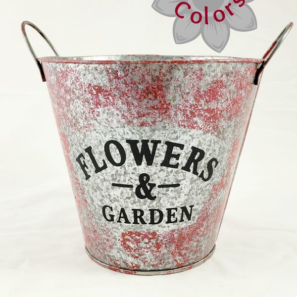 Flower Garden Tin Bucket Hand-Painted Red Shabby Chic Rustic Wedding Flower Pot Planter