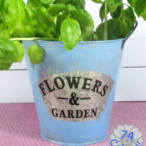 May include: A light blue metal bucket with the words "FLOWERS & GARDEN" in a distressed font. The bucket is filled with vibrant green basil plants. The bucket has a handle and is sitting on a pink patterned surface.