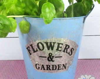 Flower Garden Tin Bucket Hand-Painted Blue Shabby Chic Rustic Wedding Metal Flower Pot Planter