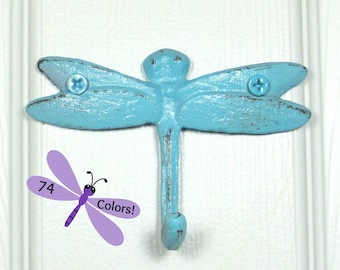 Dragonfly Hook Wall Hanger Shabby Chic Cast Iron in Aqua