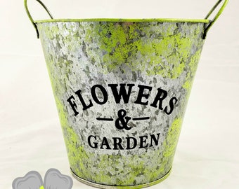 Flower Garden Tin Bucket Hand-Painted Green Shabby Chic Rustic Wedding Metal Flower Pot Planter