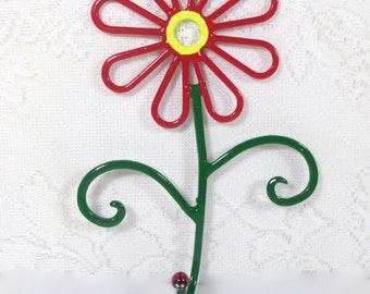 Flower Wall Hook Metal Hand-Painted Red Daisy