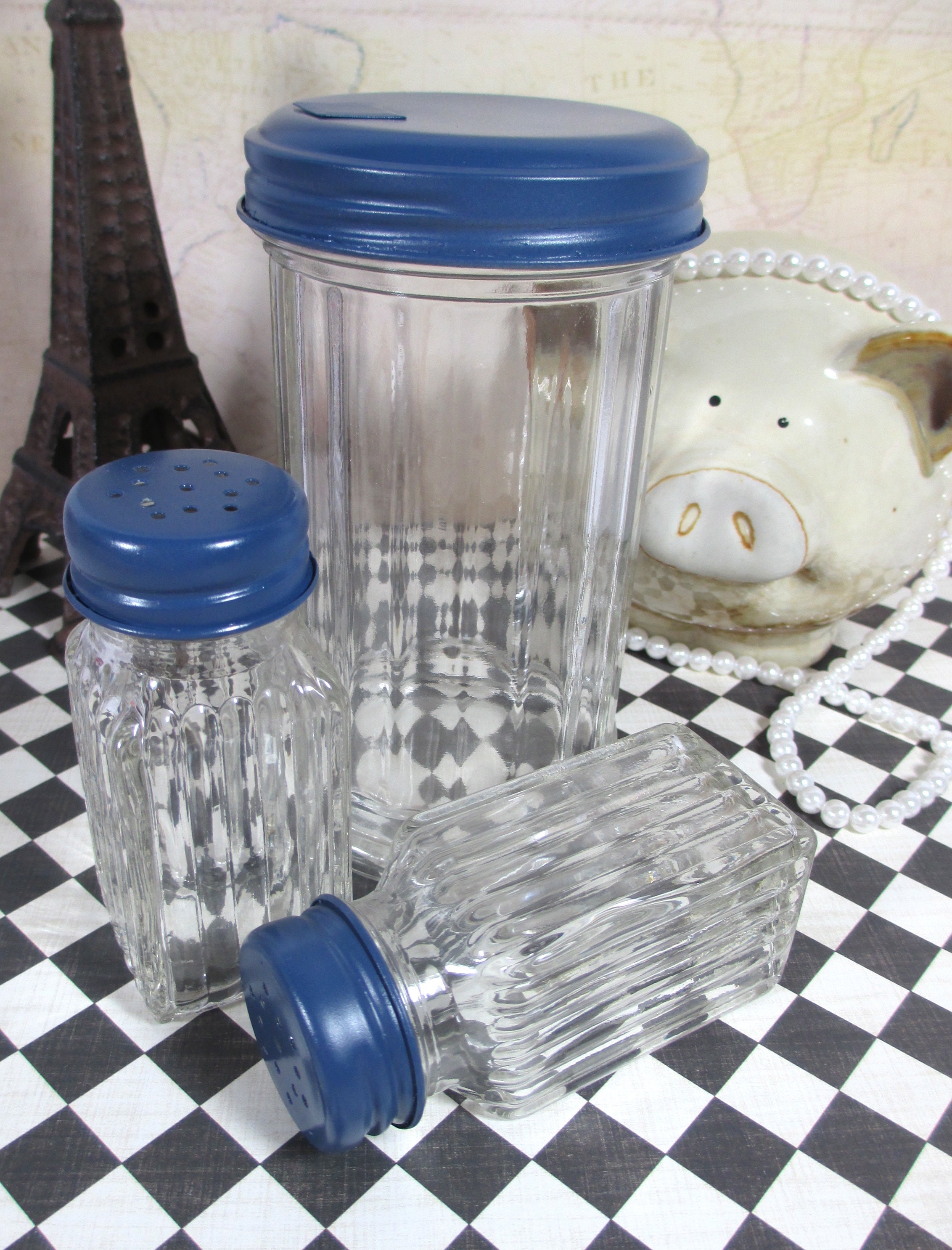 Glass Sugar Dispenser with Dark Blue top Vintage Inspired Etsy