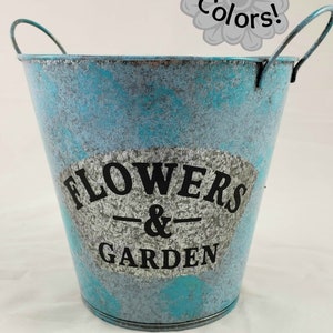 Flower Garden Tin Bucket Hand-Painted 2-tone Aqua Shabby Chic Rustic Wedding Metal Flower Pot Planter