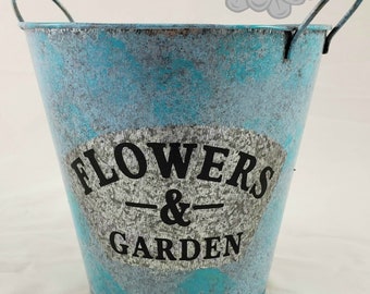 Flower Garden Tin Bucket Hand-Painted 2-tone Aqua Shabby Chic Rustic Wedding Metal Flower Pot Planter