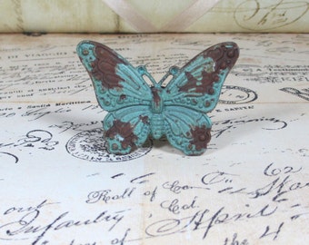 Butterfly Drawer Knob Jade Distressed Rustic Metal Shabby Chic