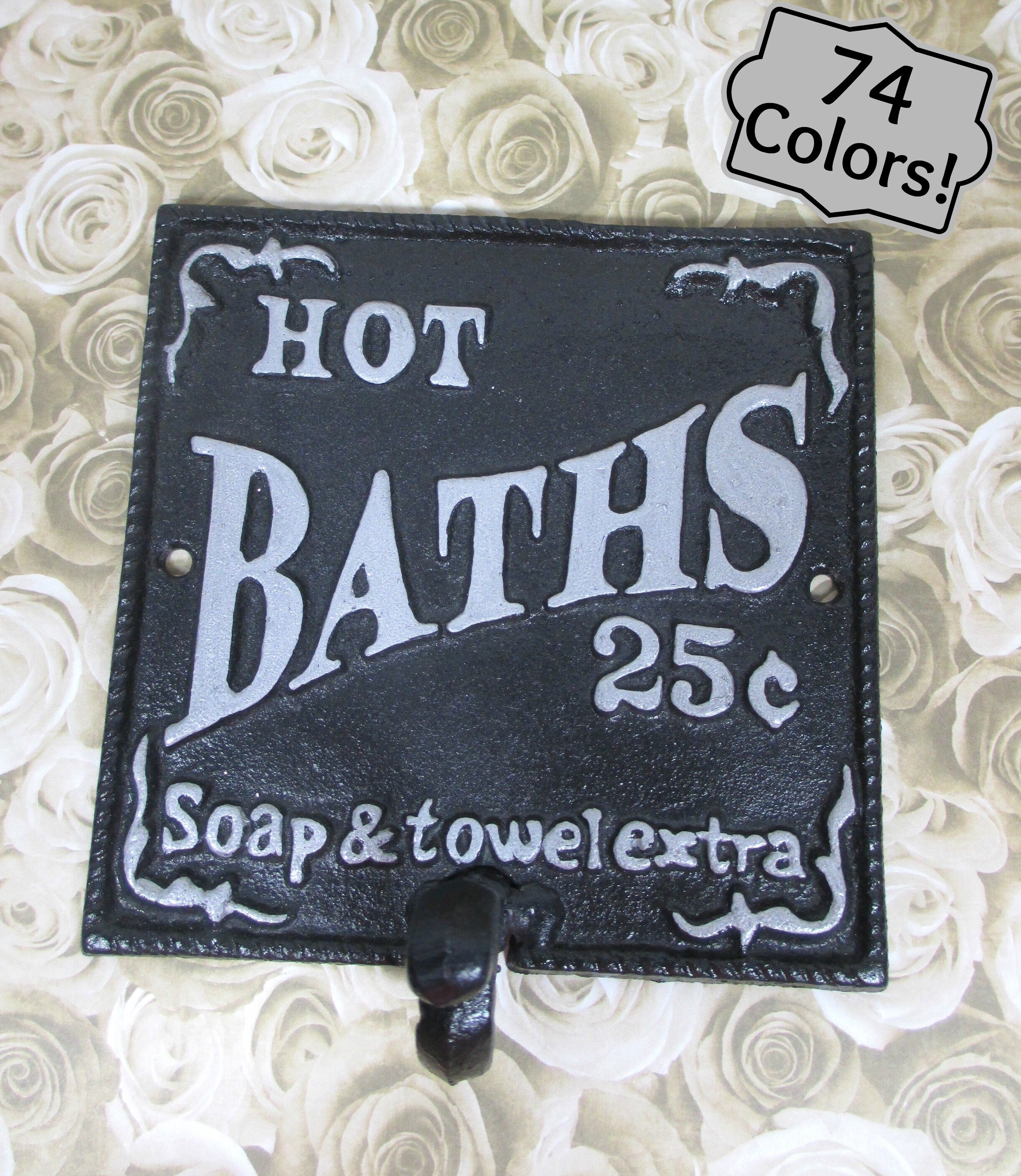 Hot Bath Sign Wall Hook Cast Iron in Ebony Black and Silver