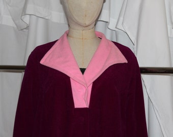 Vintage deadstock robe 60s 70s purple & pink, magenta w bright pink collar cuffs, button front maxi, soft warm fuzzy Mothers Day  gift