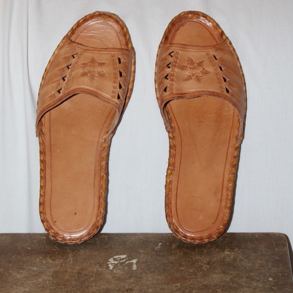 Vintage 70s leather slides slippers, stamped cut out hand laced leather, light brown, open toe mules, very slight wedge, likely unworn nwot