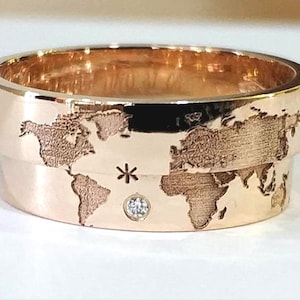 18k gouden wereldkaart trouwringen "Flat Earth" versie. Trouwring handgemaakt, perfect voor reizigers. 3 kleuren om uit te kiezen. Kaart Aarderingen.