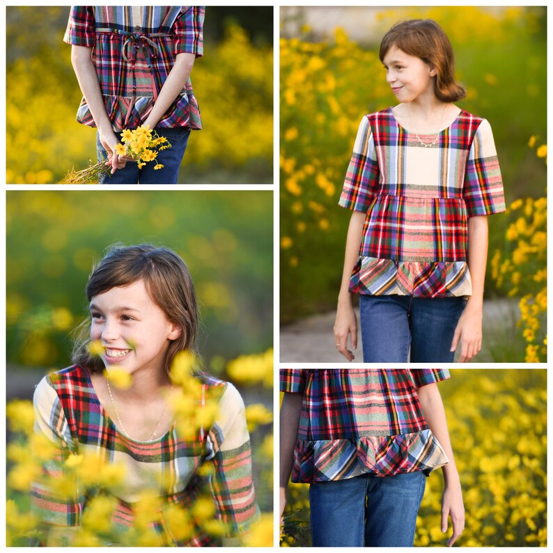 May include: A plaid blouse featuring a scoop neckline, elbow-length sleeves, and a ruffled hem. The fabric displays a multi-colored pattern of red, blue, green, and cream. The garment is paired with blue denim jeans and includes a tie-waist detail.
