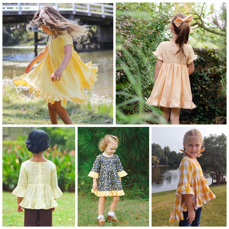 May include: A collage of children's clothing. The image features several girls wearing dresses and tops in various styles and colors. The dresses are yellow, peach gingham, and navy with floral patterns. The tops are yellow with ruffle details.