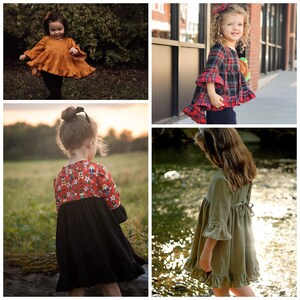 May include: Four images of children's dresses. One is a mustard-colored top with black pants. Another is a red, black, and white plaid top. The third is a red top with a black skirt. The last is an olive green dress.