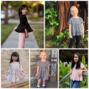 May include: A collage of five girls wearing various outfits. One girl is wearing a black top with white heart-shaped designs and pink pants. Another is in a black and white checkered top and black pants. Other outfits include floral and checkered dresses and a pink top with jeans.