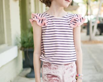 Girl knit top, summer shirt, girl tee, ruffled top, striped shirt, girl clothing, toddler top,  jillyatlanta