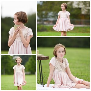 May include: A collage of images featuring a young girl in a light pink dress with a sequined bodice and ruffled hem. The dress has short sleeves. The girl is in a grassy outdoor setting, holding a cup, and sitting near a small table.