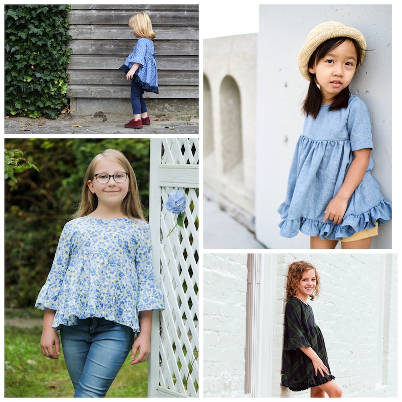May include: A collage of children's clothing, featuring various styles of tops and dresses. The garments include a blue and white floral top, a blue dress with ruffled hem, and a black and green plaid dress. The clothing is suitable for girls.