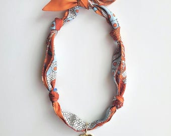 Scarf Bandana Gold Filled Heart Charm Necklace | Orange | Trendy Spring Fashion | Handcrafted Jewelry