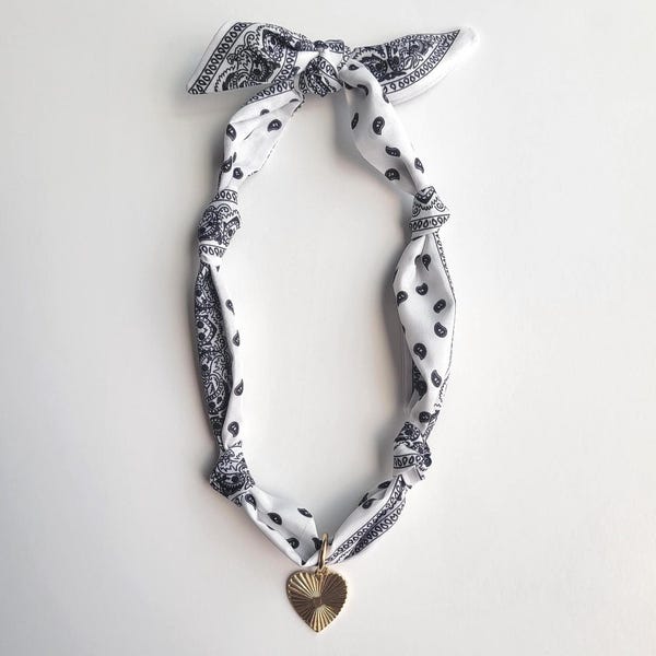 Scarf Bandana Gold Filled Heart Charm Necklace | White Paisley | Game Day Fashion | Handcrafted Jewelry