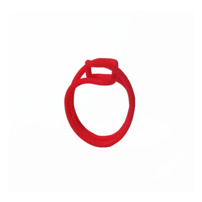 Puede incluir: Una banda de goma roja atada en un nudo, formando un c&iacute;rculo.