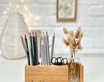 personalisierter Stiftehalter aus Eiche, Kollegin mit Herz, Schreibtisch Organizer, Vase für Trockenblumen, dänisches Design, zero waste