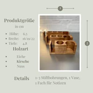May include: Wooden desk organizers with a natural finish. Each organizer has a section for pens, a vase, and a small compartment. The dimensions are approximately 2.5 inches high, 6.3-7.5 inches wide, and 1.9 inches deep.